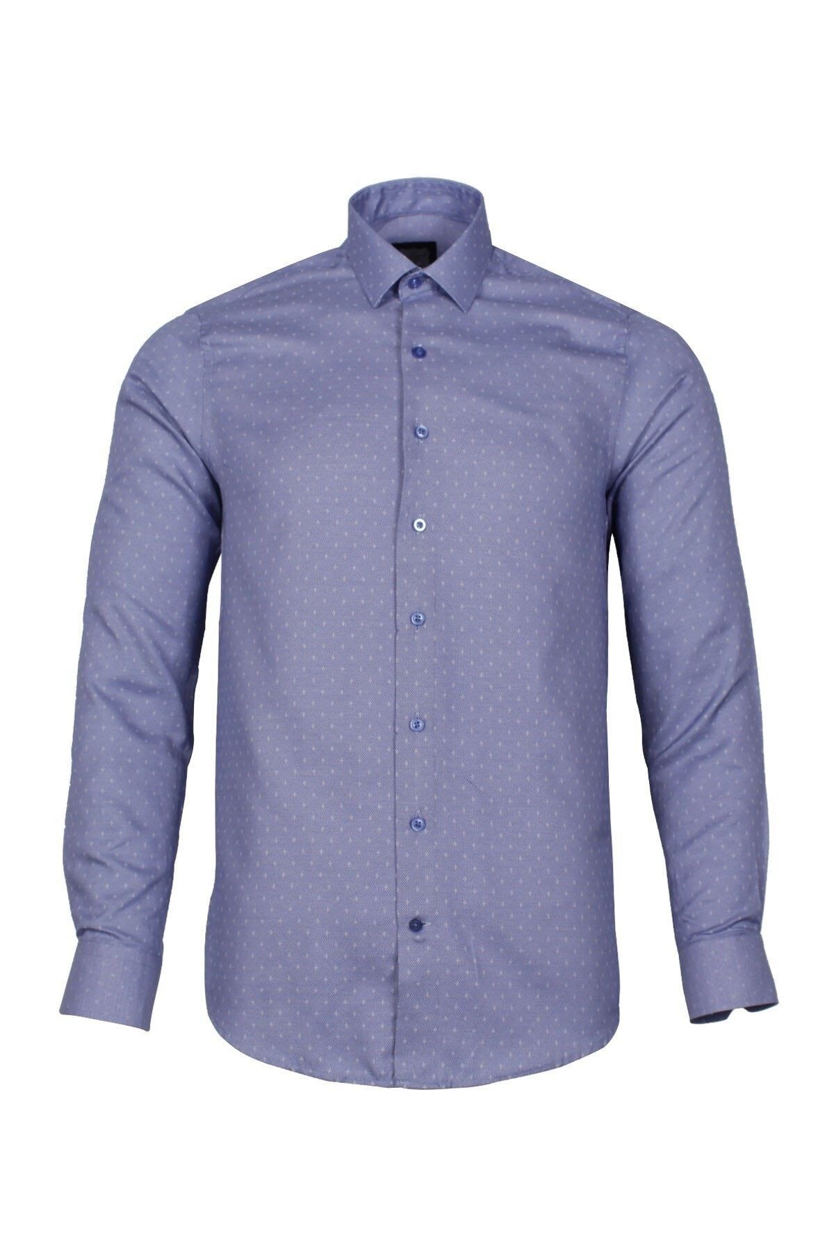Erkek Mavi Slim Fit Armürlü Gömlek
