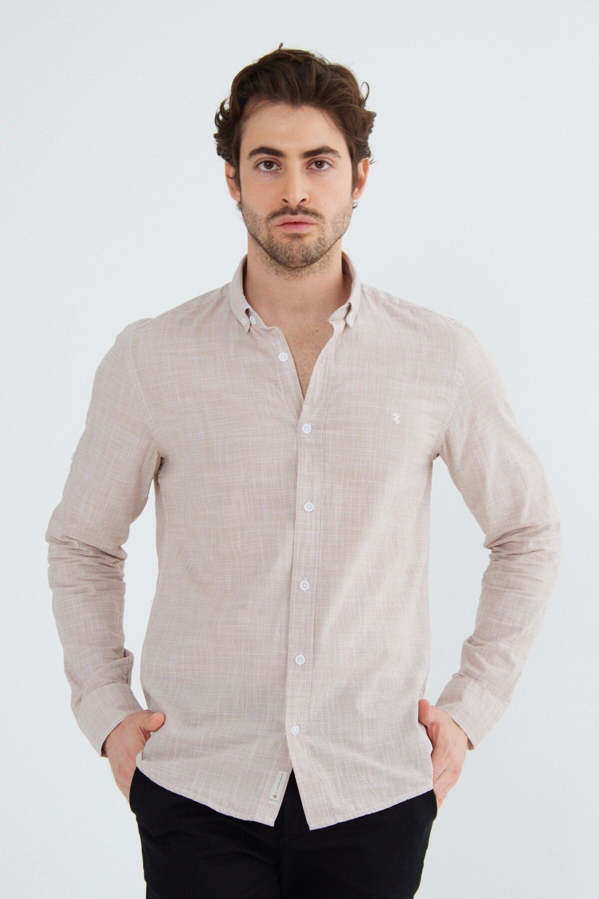 Beige Slimfit Hediye Kutulu Keten Yaka Düğmeli Uzun Kol Erkek Gömlek G318