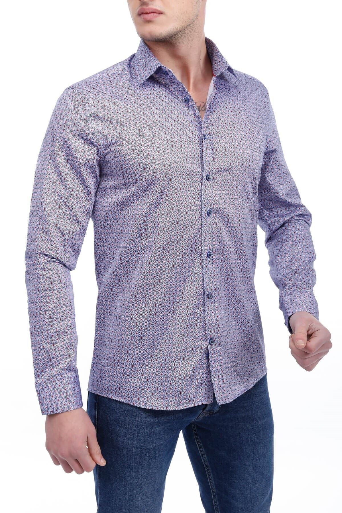 Baskılı Mavi Slim Fit Gömlek