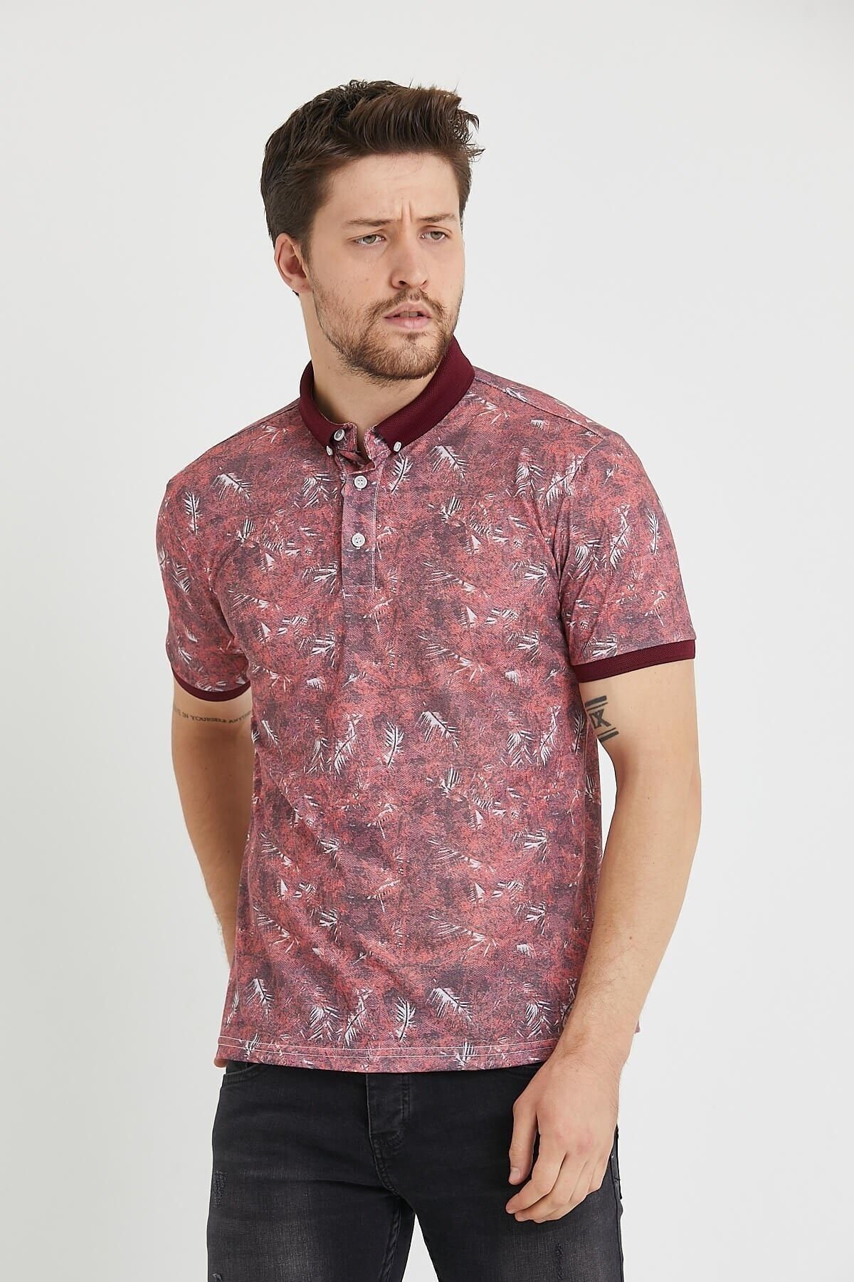 Polo Yaka Düğmeli Baskılı Bordo Slim Fit Tişört
