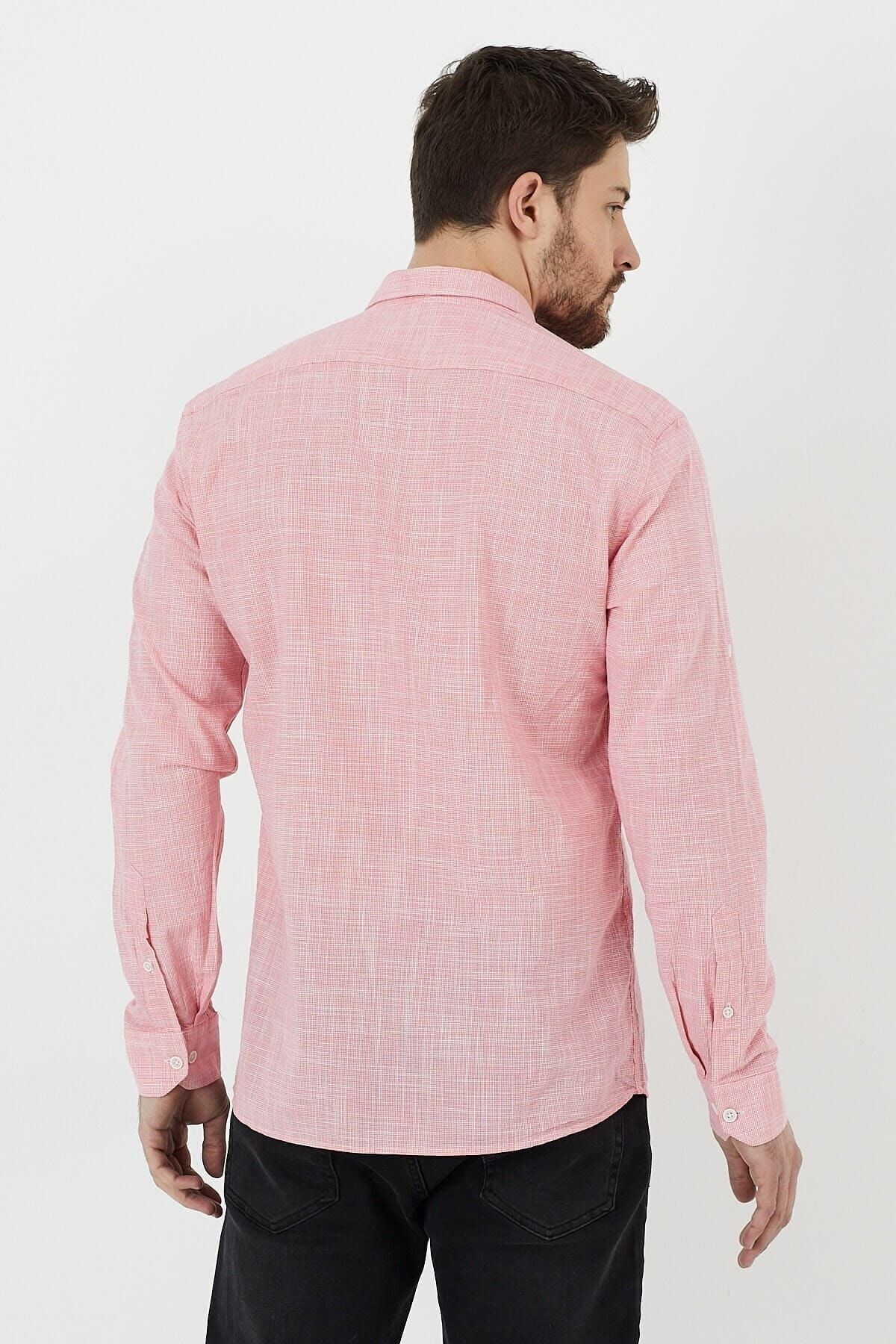 Pembe %100 Pamuk Slim Fit Uzun Kol Keten Gömlek