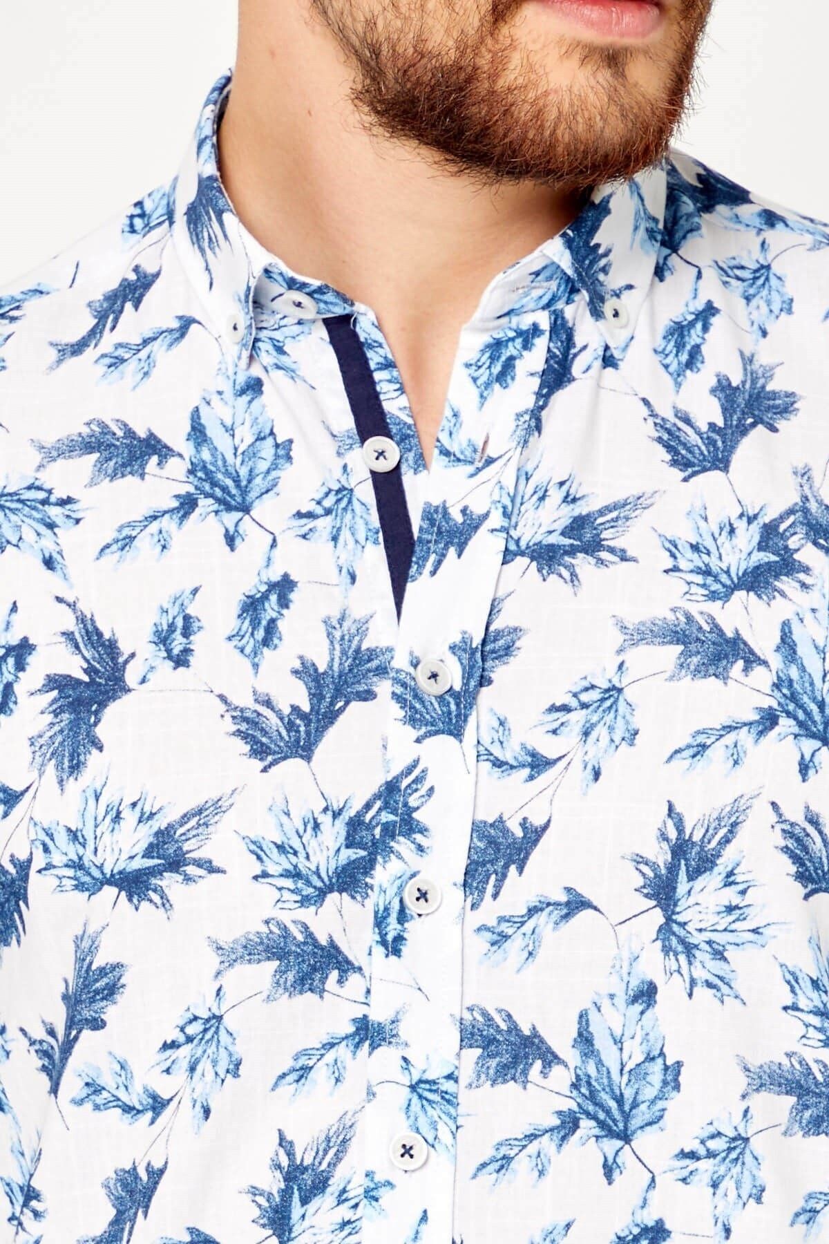 %100 Pamuk Keten Mavi Baskılı Slim Fit Uzun Kol Keten Gömlek