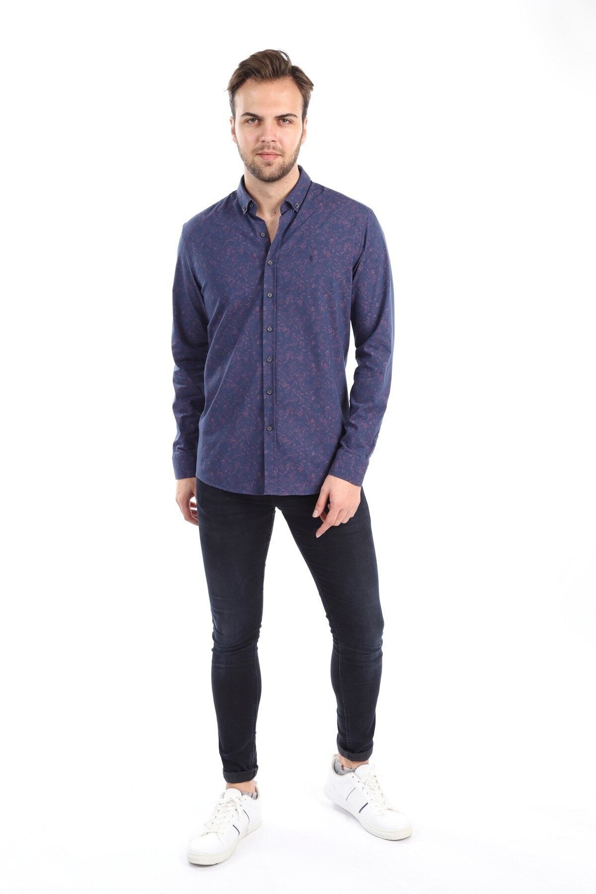 Baskılı Bordo Slim Fit Gömlek