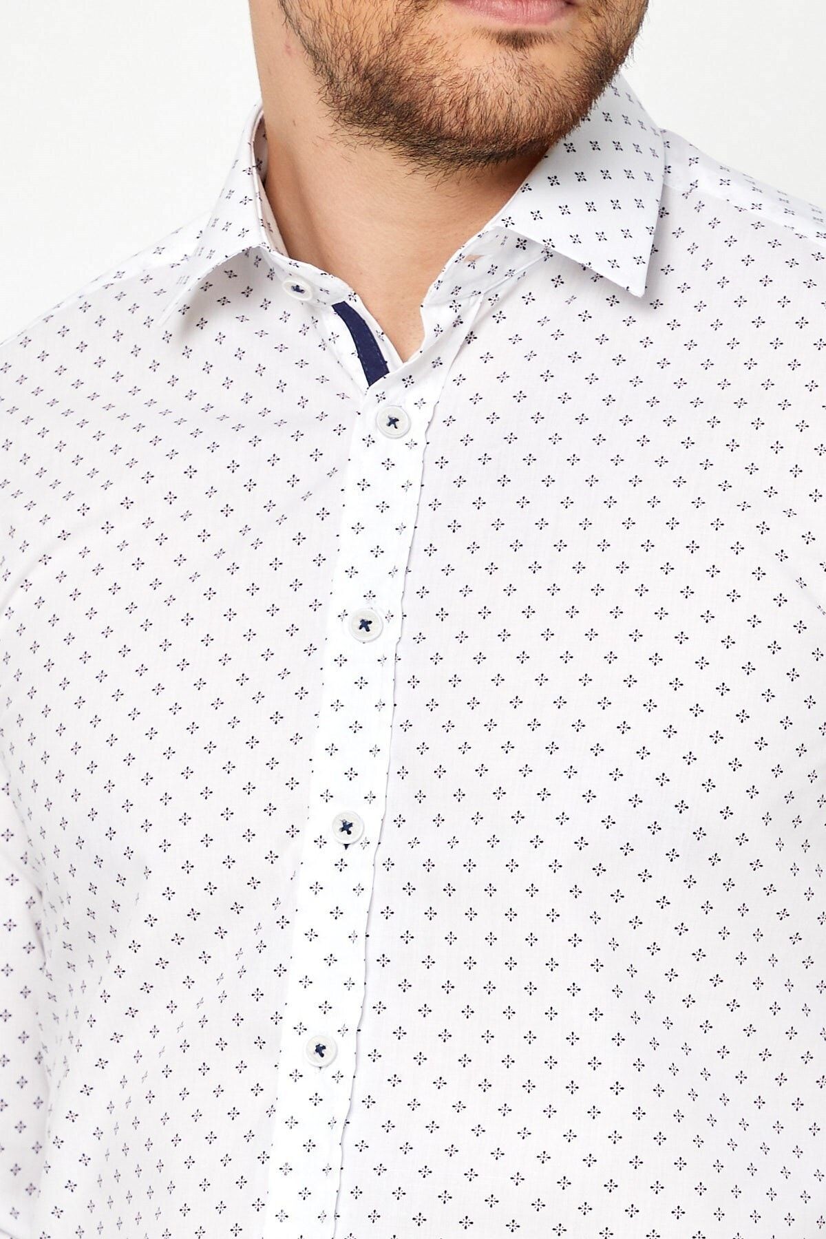 Lacivert Baskılı Beyaz Slim Fit Uzun Kol Gömlek