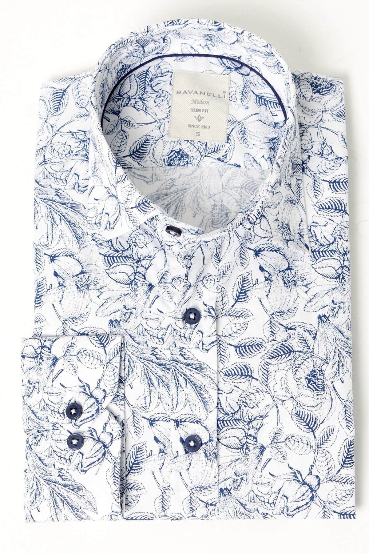 Lacivert Baskılı Beyaz Slim Fit Uzun Kol Gömlek