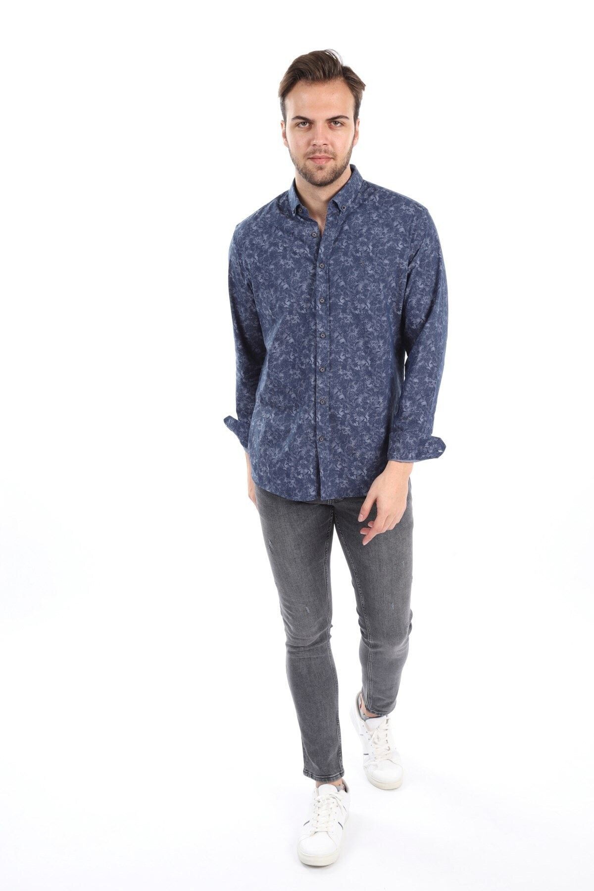 Baskılı Gri Slim Fit Gömlek