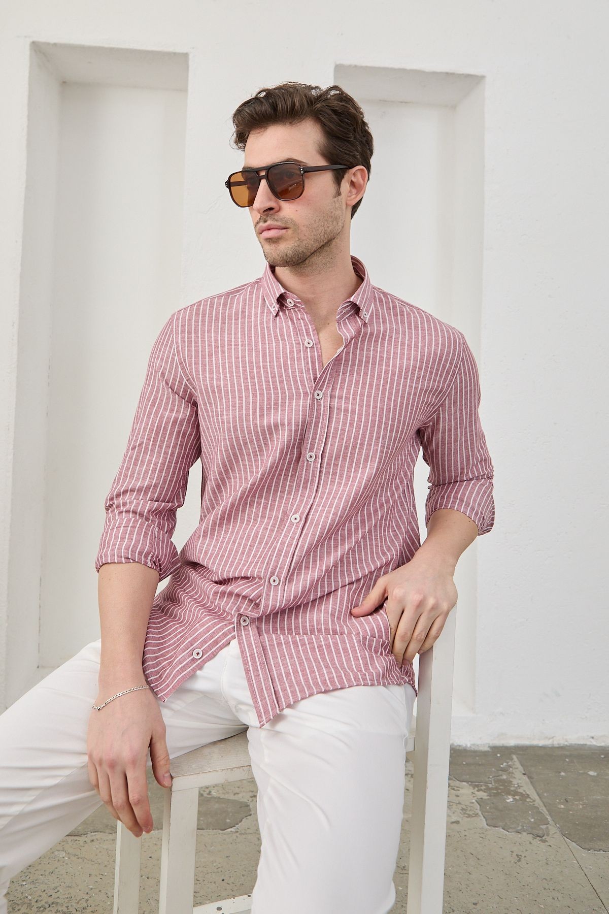 Erkek Çizgili Pamuk Keten Modern Slim Fit Gömlek