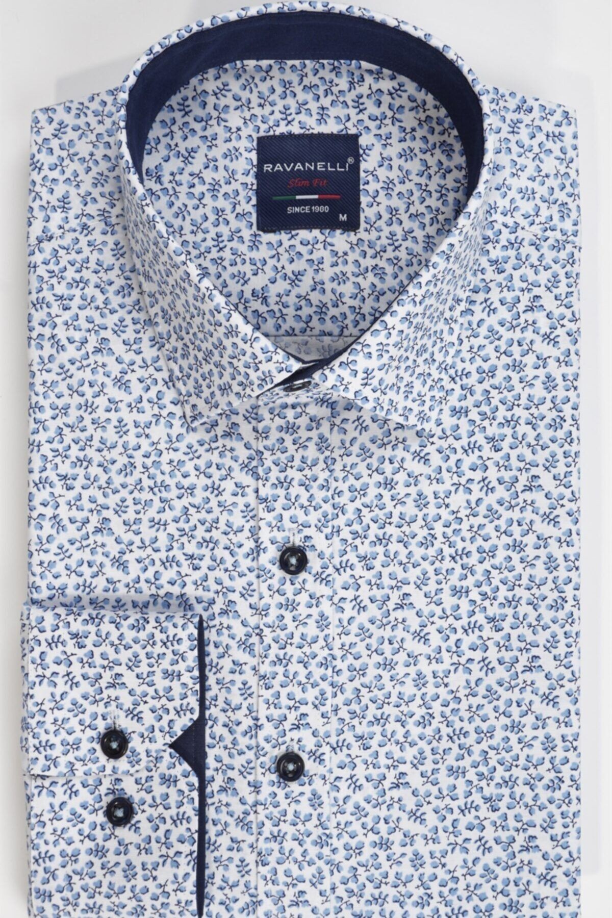 Erkek Mavi Slim Fit Baskılı Gömlek