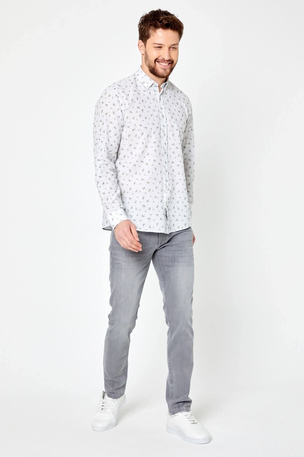 %100 Pamuk Keten Yeşil Baskılı Slim Fit Uzun Kol Keten Gömlek