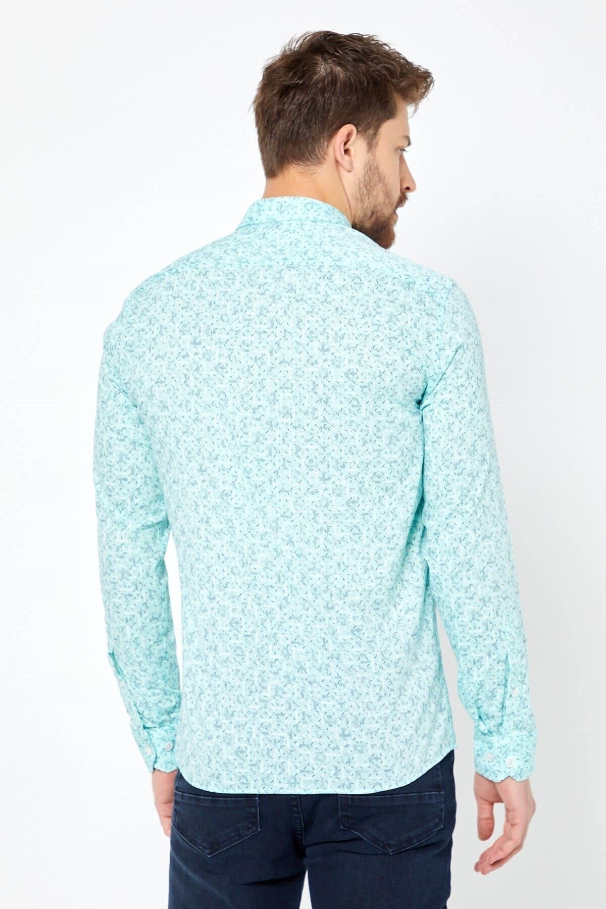 Pamuk Keten Baskılı Yeşil Slim Fit Uzun Kol Gömlek