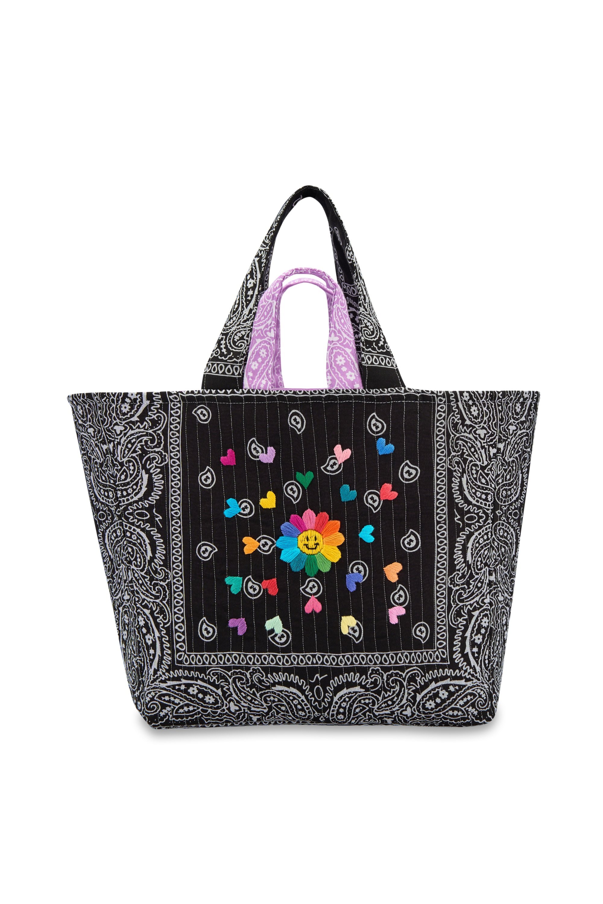 PERLA Quilted Maxi Tote Çanta - Siyah&Lila - SMILEY FLOWER