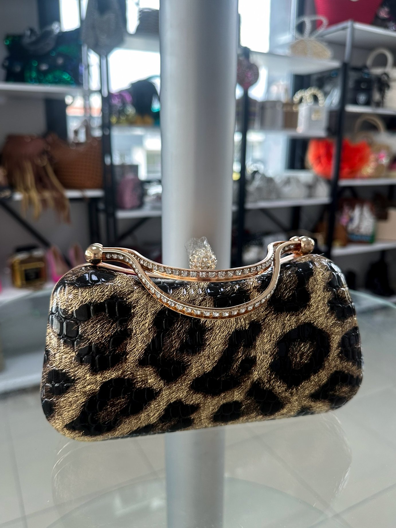 Leopar Omuzdan Askılı Rhinestone Crossbody Çanta