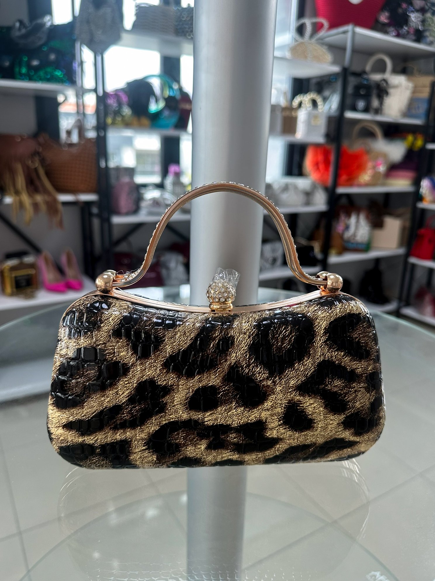 Leopar Omuzdan Askılı Rhinestone Crossbody Çanta