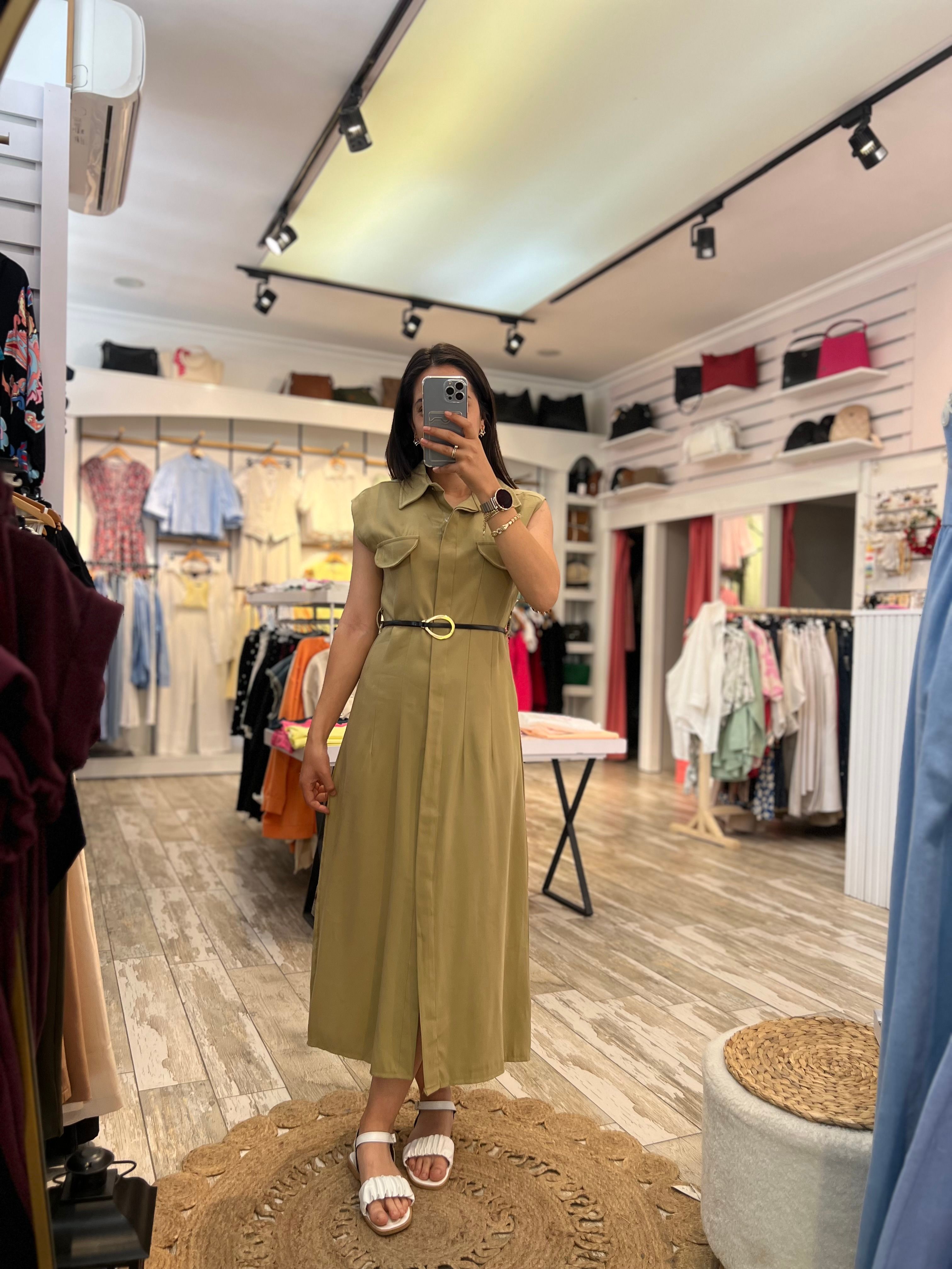 Kemer Detaylı Maxi Elbise - Haki 