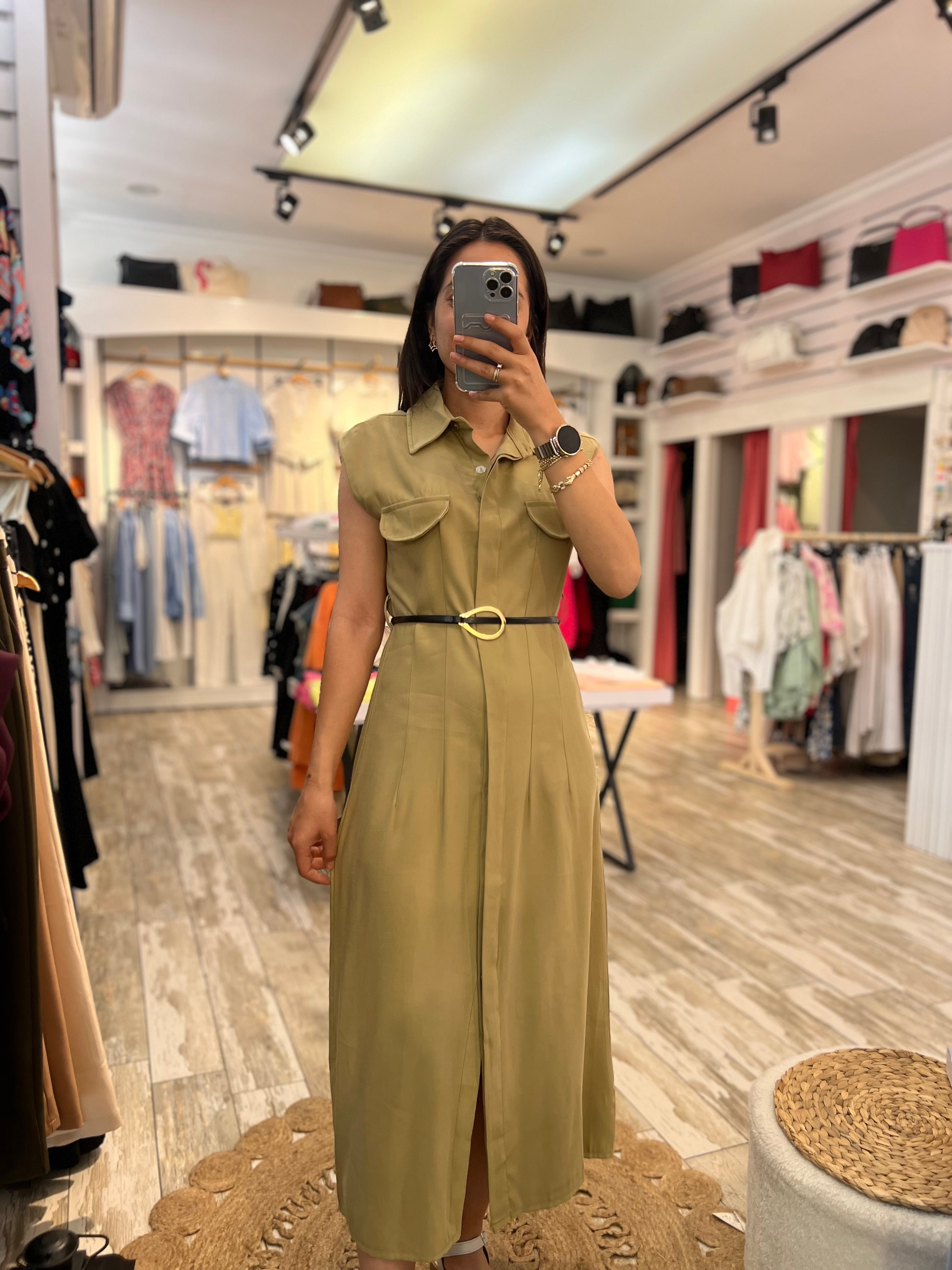 Kemer Detaylı Maxi Elbise - Haki 