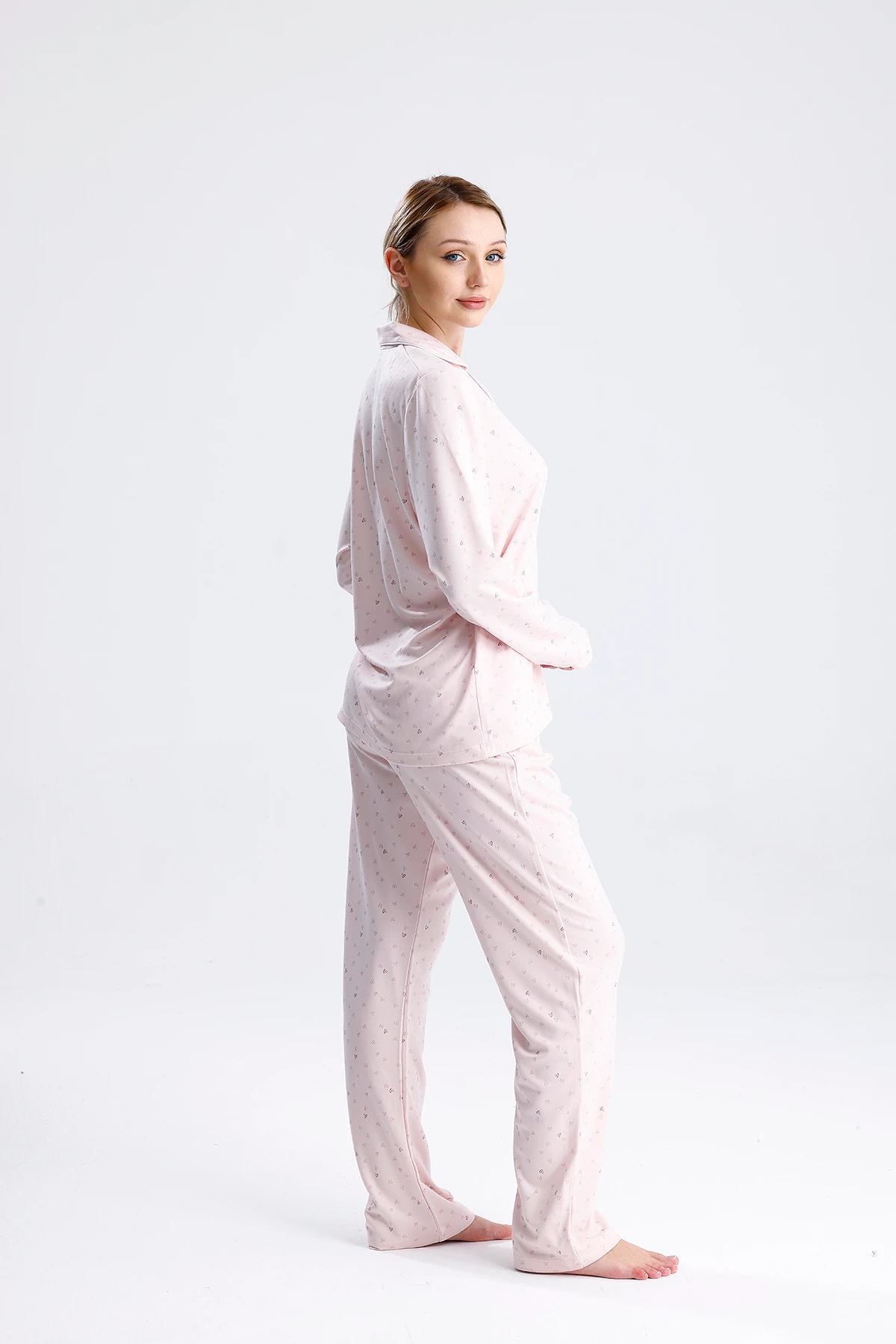 Espuar Kadın Kalp Desenli Önden Düğmeli Uzun Kollu Pijama Takımı