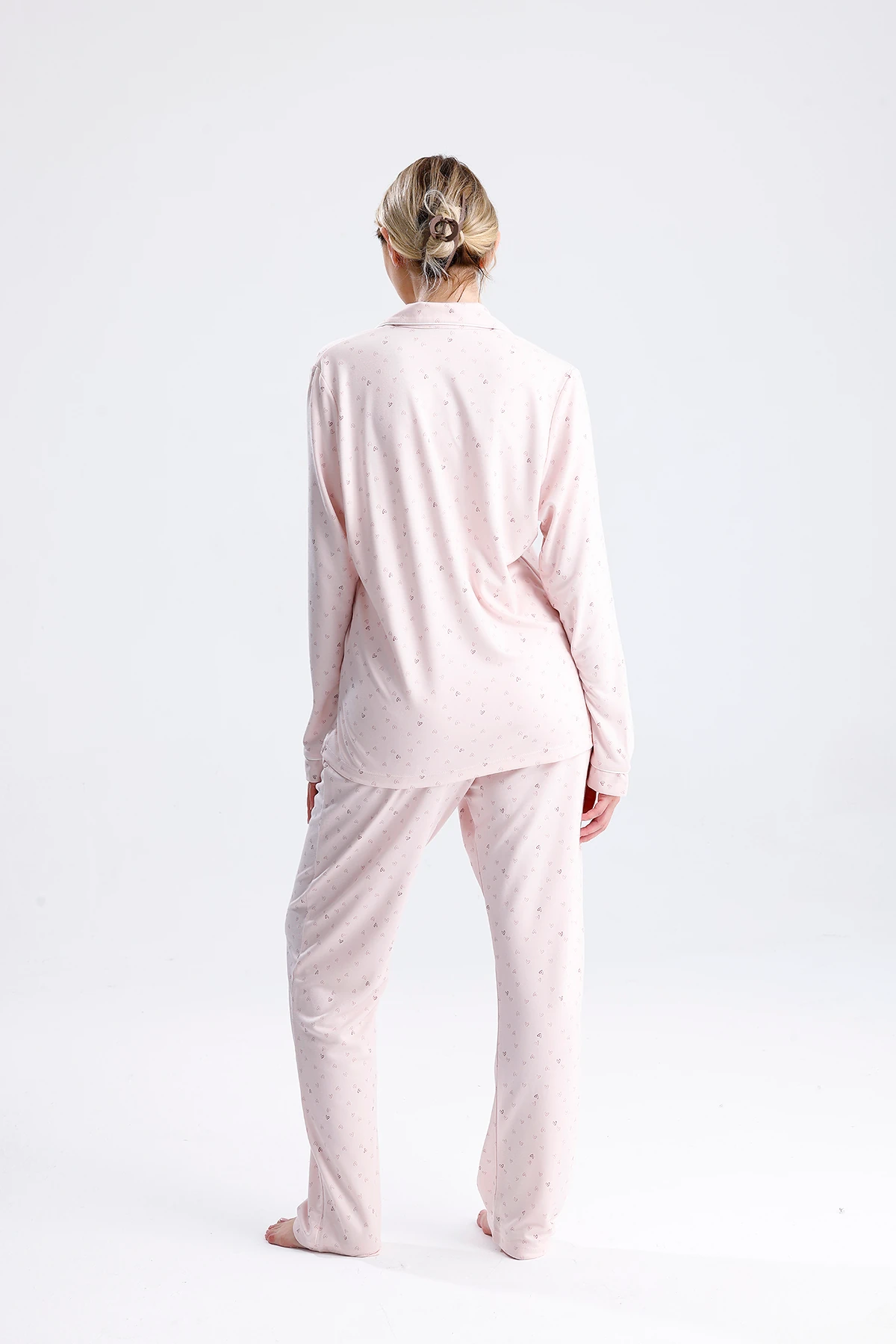 Espuar Kadın Kalp Desenli Önden Düğmeli Uzun Kollu Pijama Takımı