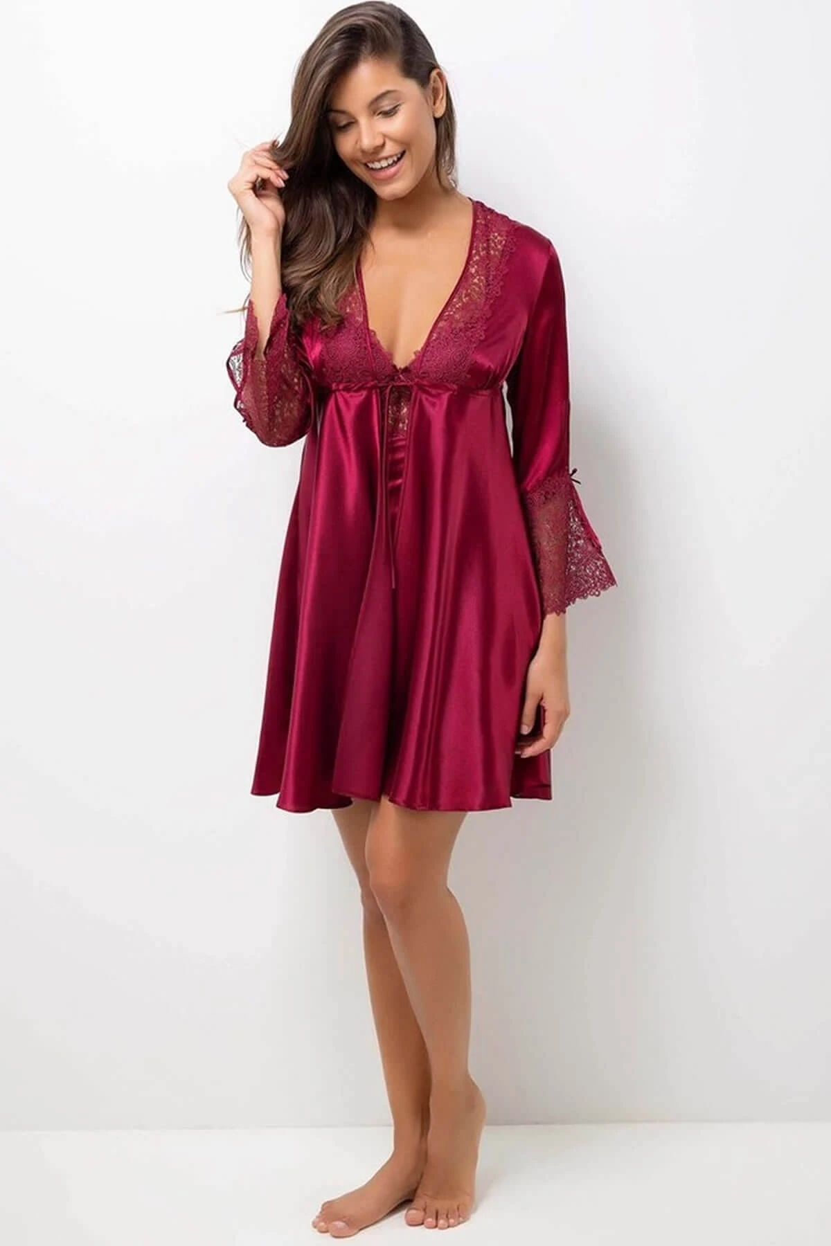 Pierre Cardin Diz Üstü Sırt Dekolteli Dantelli Saten Altılı Gecelik Sabahlık Çeyiz Seti