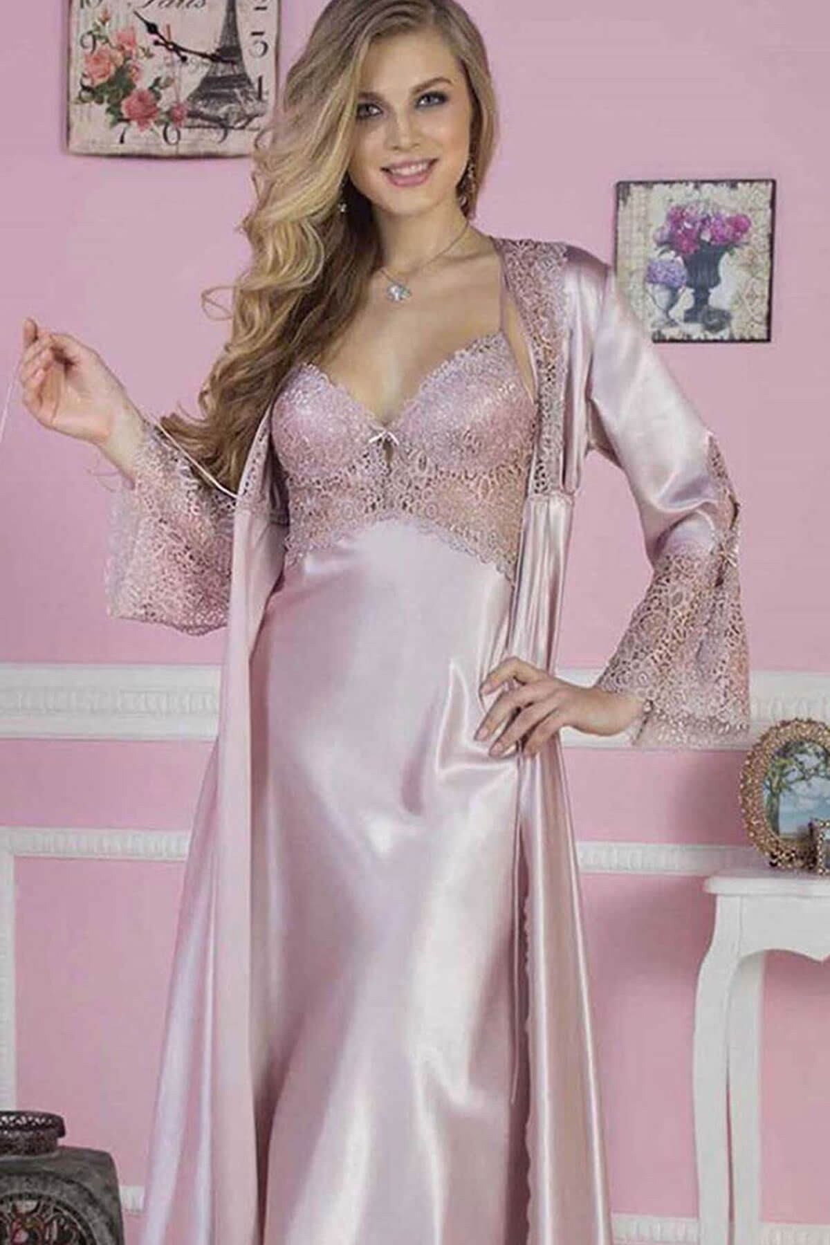 Pierre Cardin Kolları Dantelli Saten Altılı Gecelik Sabahlık Çeyiz Seti