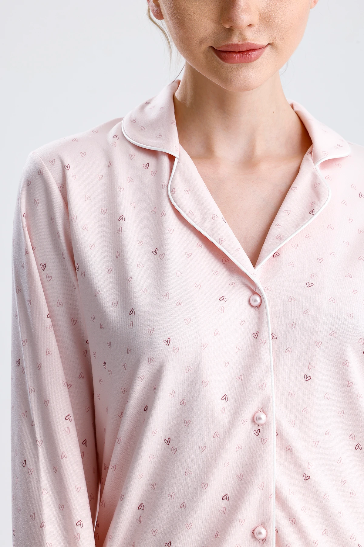 Espuar Kadın Kalp Desenli Önden Düğmeli Uzun Kollu Pijama Takımı