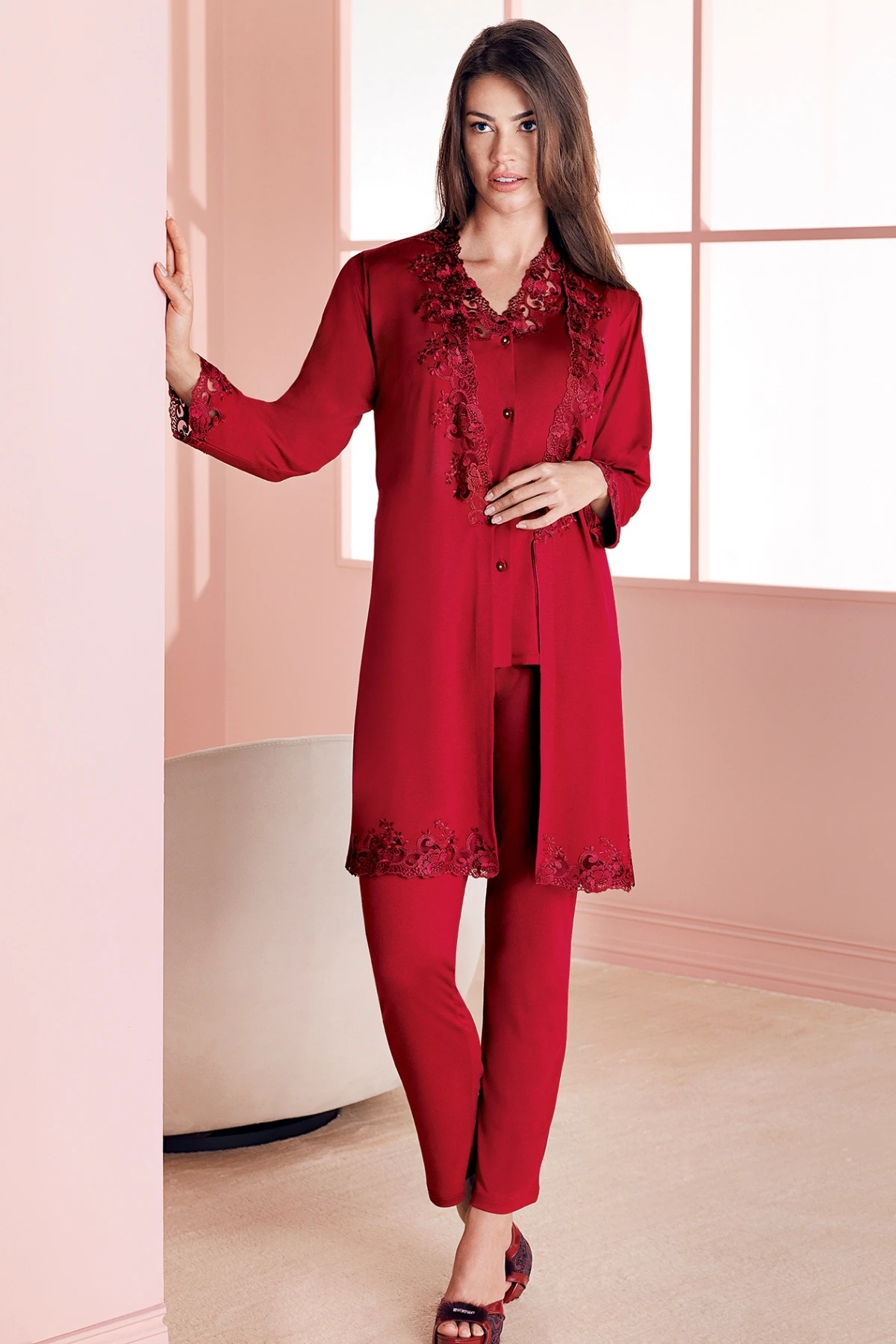 Espuar 752 Kadın Penye Pamuklu Rahat Dantelli 3 Parça Hamile Lohusa Pijama Takımı