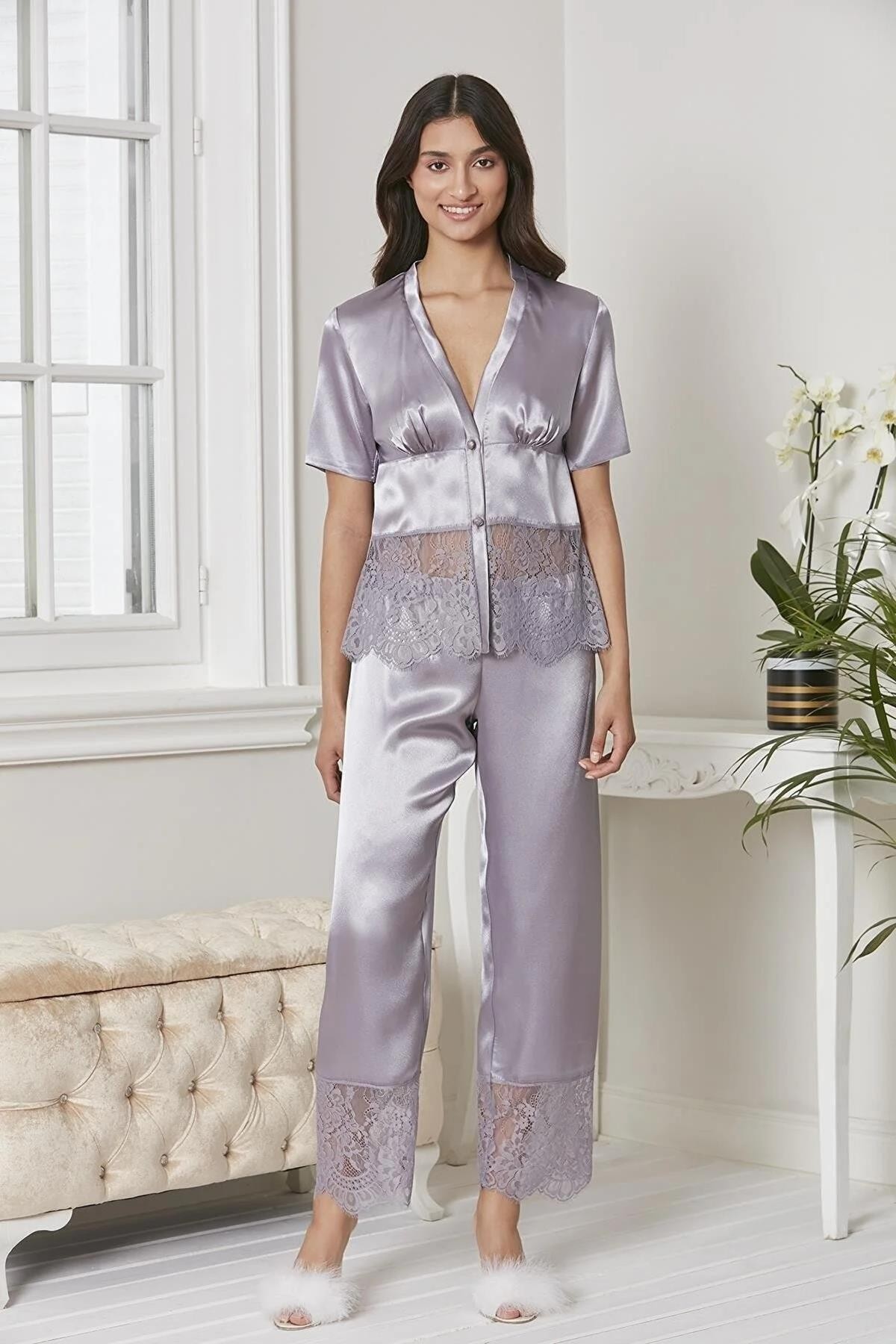 Pierre Cardin Kadın 6015 Saten Gecelik Sabahlık Pijama Takım Şort Takım 6'lı Gelin Çeyiz Seti