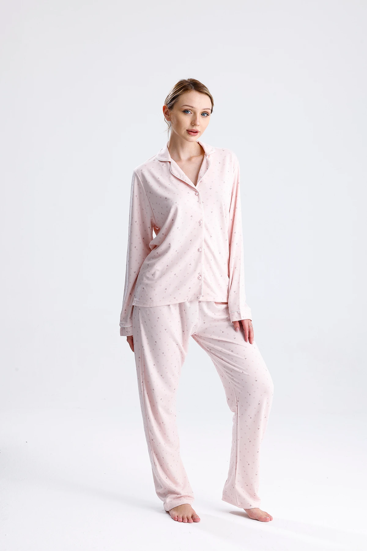 Espuar Kadın Kalp Desenli Önden Düğmeli Uzun Kollu Pijama Takımı