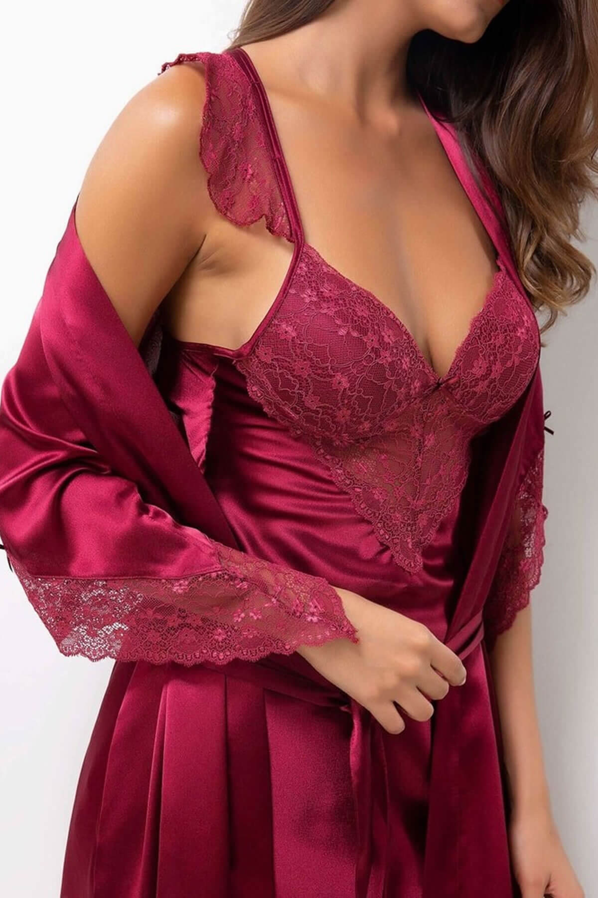 Pierre Cardin Kadın 4240 Saten Dantelli Gecelik Ve Sabahlık Takımı Siyah