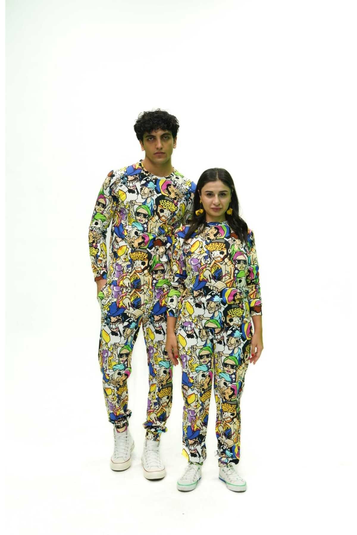 Unisex Çok Renkli Desenli Pijama Takımı %100 Cotton