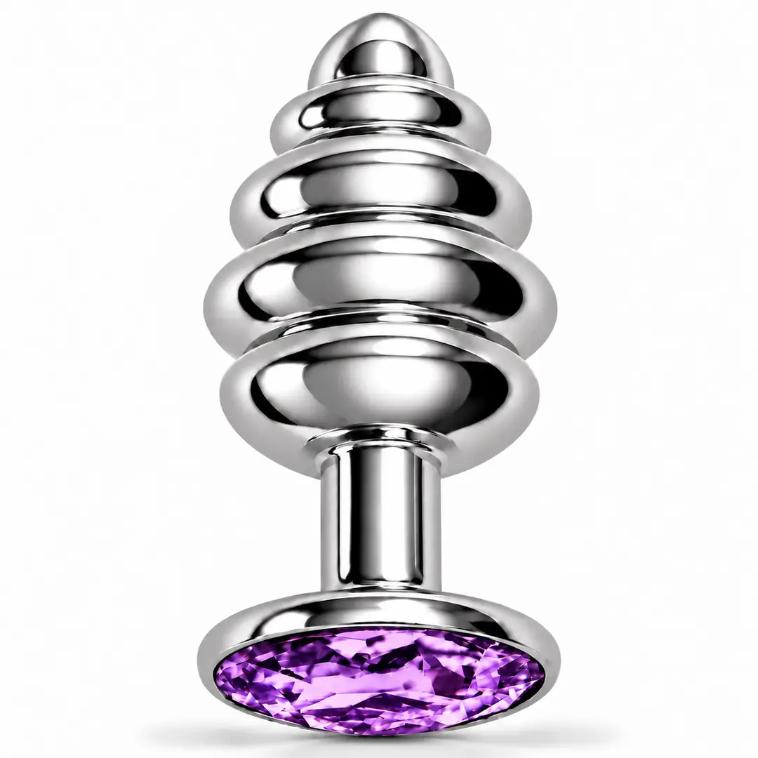 The Anal Play Silver Ribbed Mor Taşlı Boğumlu Metal Anal Plug-Large