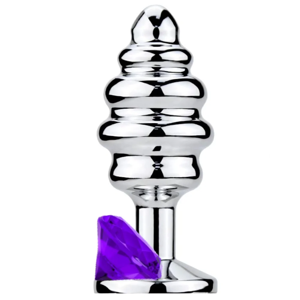 The Anal Play Silver Ribbed Boğumlu Metal Anal Plug Large-Purple