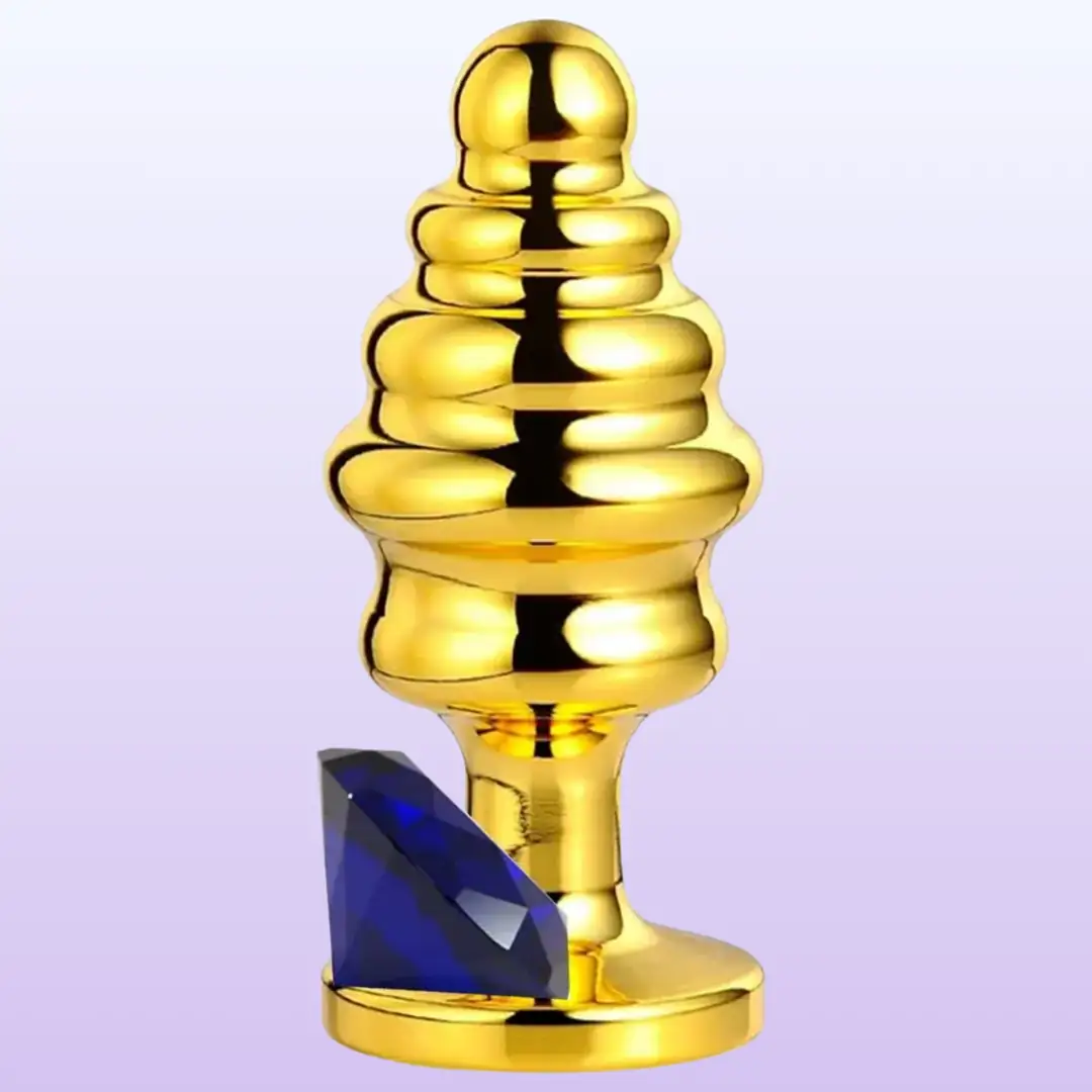 The Anal Play Gold Ribbed Mavi Taşlı Boğumlu Metal Anal Plug-Medium
