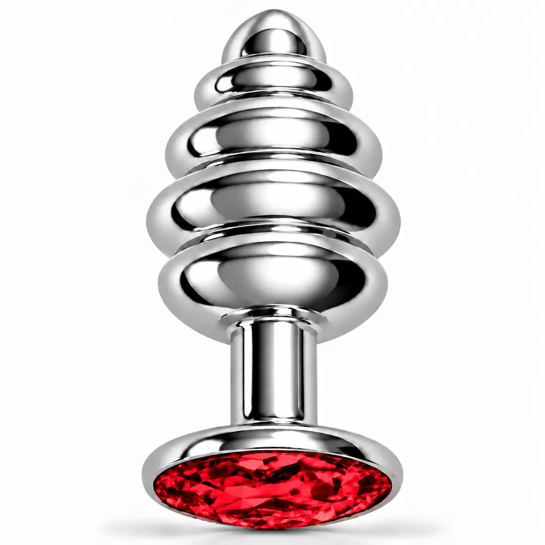 The Anal Play Silver Ribbed Kırmızı Taşlı Boğumlu Metal Anal Plug-Large