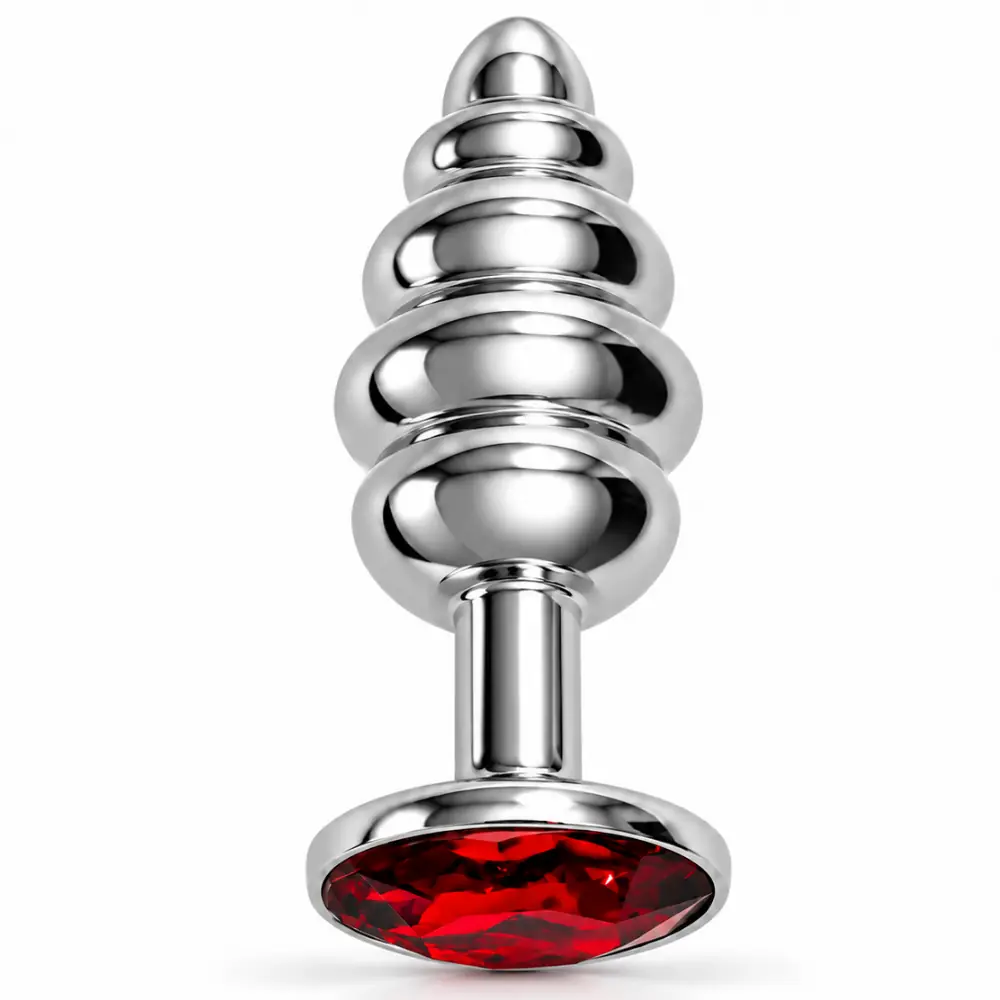 The Anal Play Silver Ribbed Kırmızı Taşlı Boğumlu Metal Anal Plug-Small