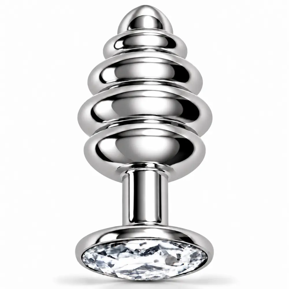 The Anal Play Silver Ribbed Beyaz Taşlı Boğumlu Metal Anal Plug-Large