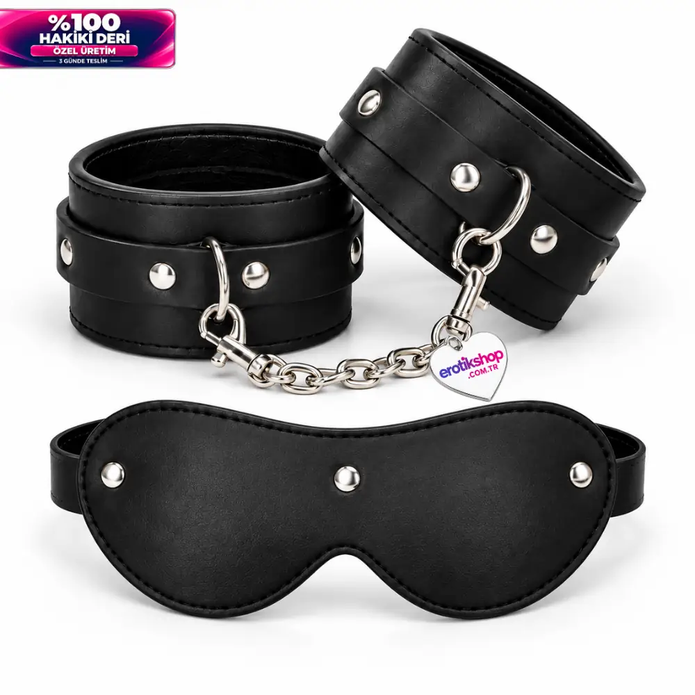 The Fetish Fantasy Series %100 Original Leather Gerçek Deri El Kelepçesi ve Maske – Black