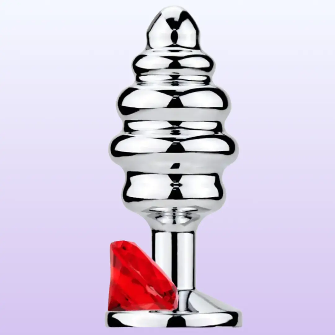 The Anal Play Silver Ribbed Kırmızı Taşlı Boğumlu Metal Anal Plug-Large