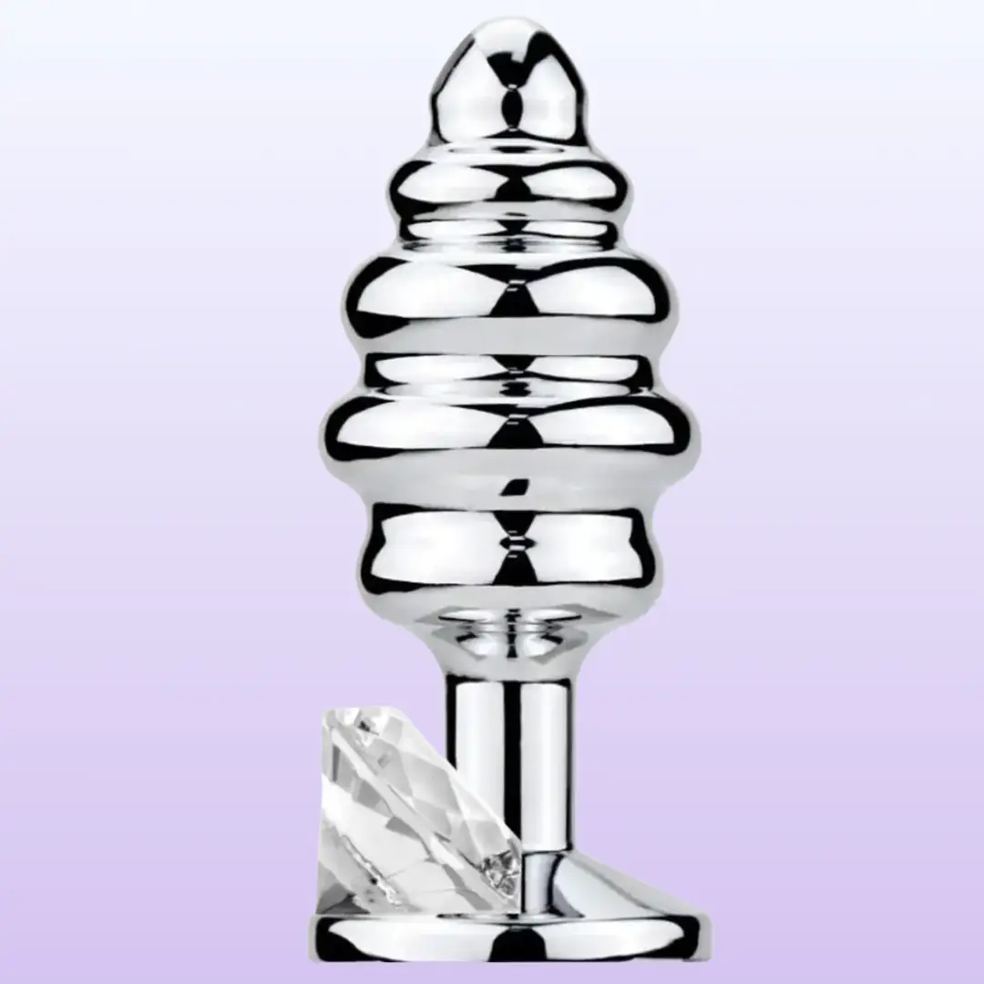 The Anal Play Silver Ribbed Beyaz Taşlı Boğumlu Metal Anal Plug-Large