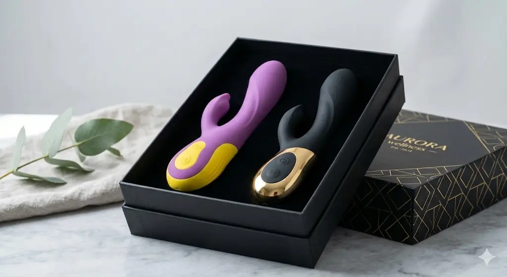 Yukarıdaki görselde görüldüğü gibi, anatomik detaylardan arındırılmış, modern ve soyut formlara sahip silikon vibratörler, şık bir hediye kutusu içerisinde lila, sarı, siyah ve gold gibi canlı renklerle sunuluyor. Bu tasarımlar, cinsel sağlığı bir tabu olmaktan çıkarıp günlük yaşamın ve öz bakımın doğal bir parçası olarak konumlandırıyor. Profesyonel stüdyo çekimi, ürünlerin yumuşak dokusunu ve kaliteli malzemesini vurgularken, estetik bir yaklaşımın bu alandaki algıyı nasıl değiştirdiğini gözler önüne seriyor