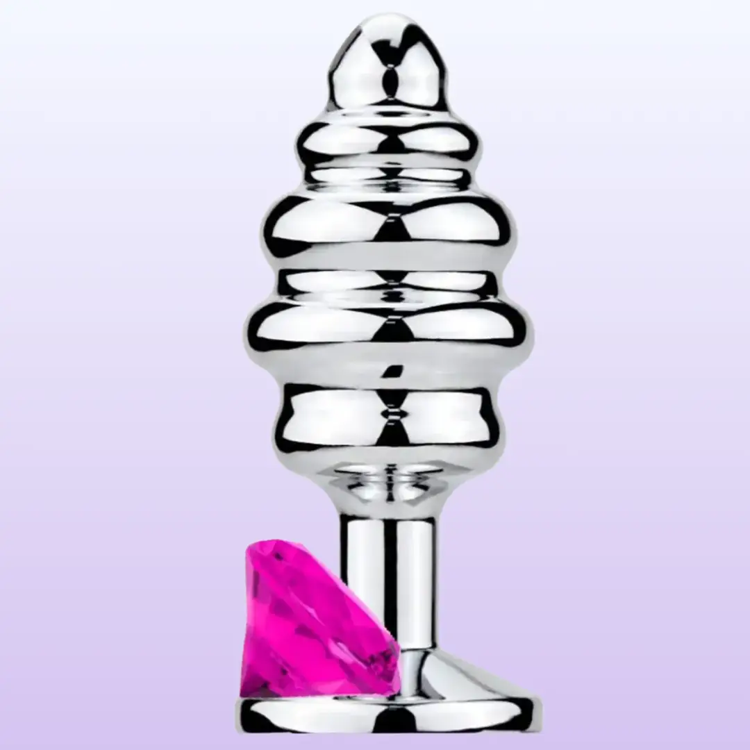 The Anal Play Silver Ribbed Pembe Taşlı Boğumlu Metal Anal Plug-Medium