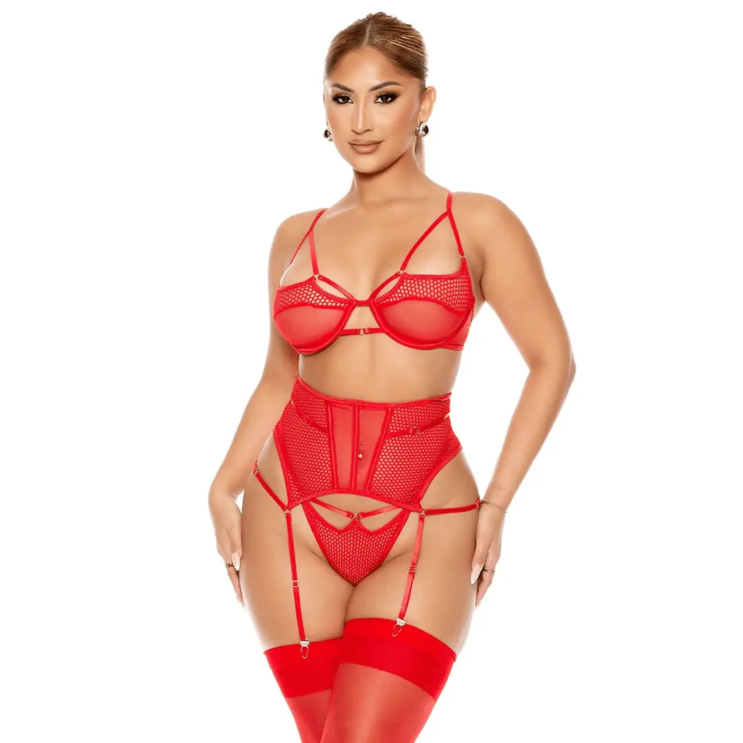 Fantasy Wear Fantezi File Tül Kadın Jartiyer Takım - Red