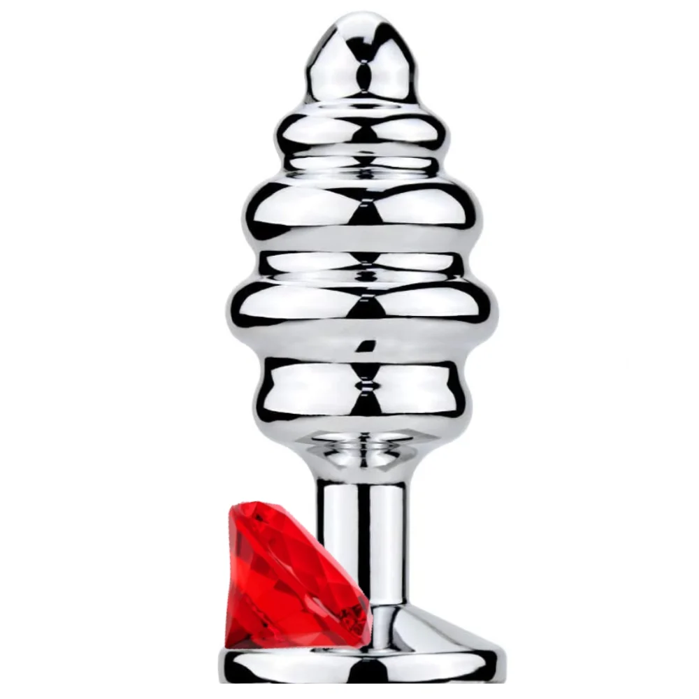 The Anal Play Silver Ribbed Boğumlu Metal Anal Plug Large-Red