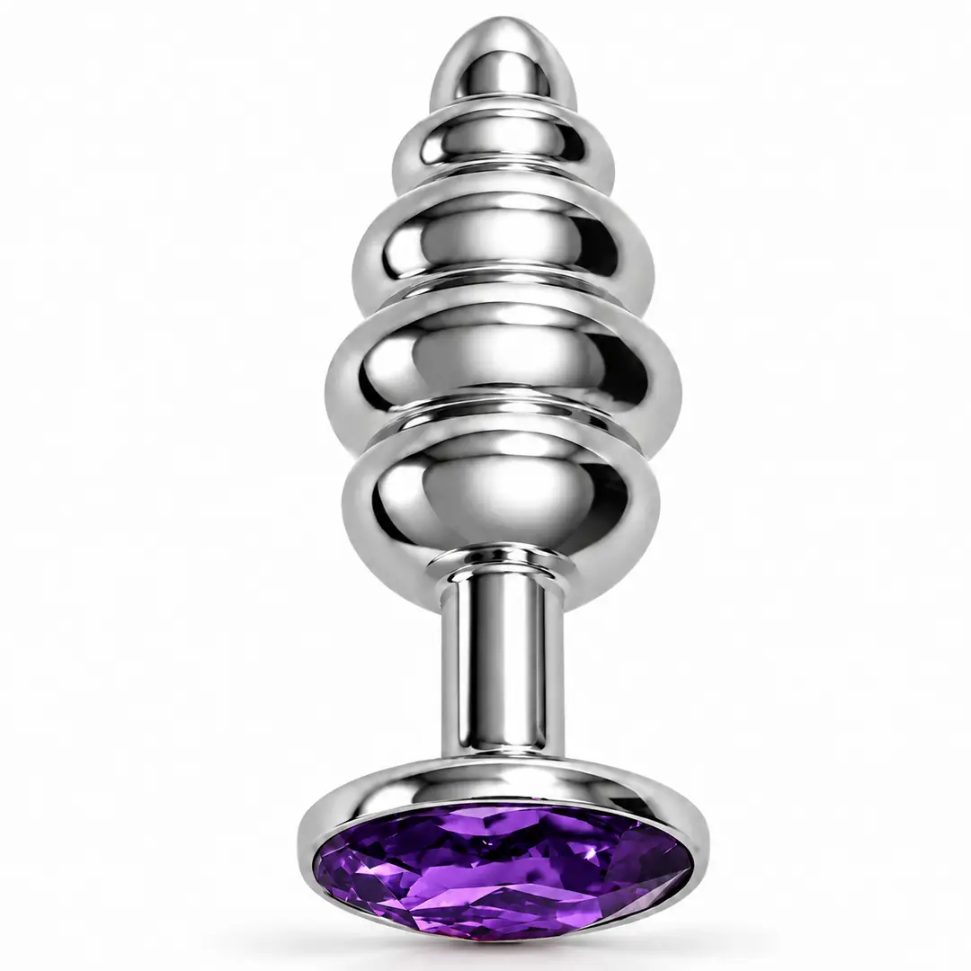 The Anal Play Silver Ribbed Mor Taşlı Boğumlu Metal Anal Plug-Small