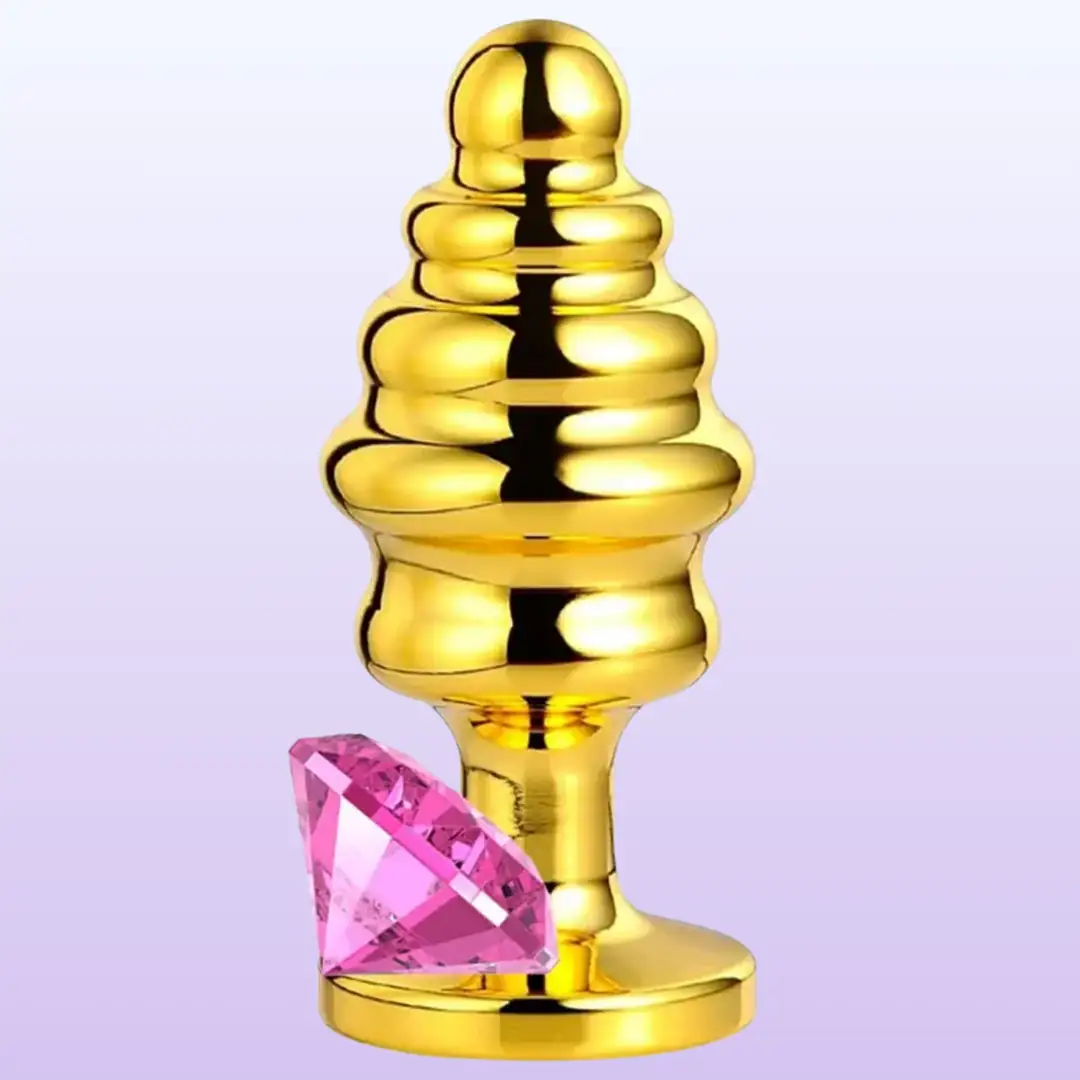 The Anal Play Gold Ribbed Pembe Taşlı Boğumlu Metal Anal Plug-Small