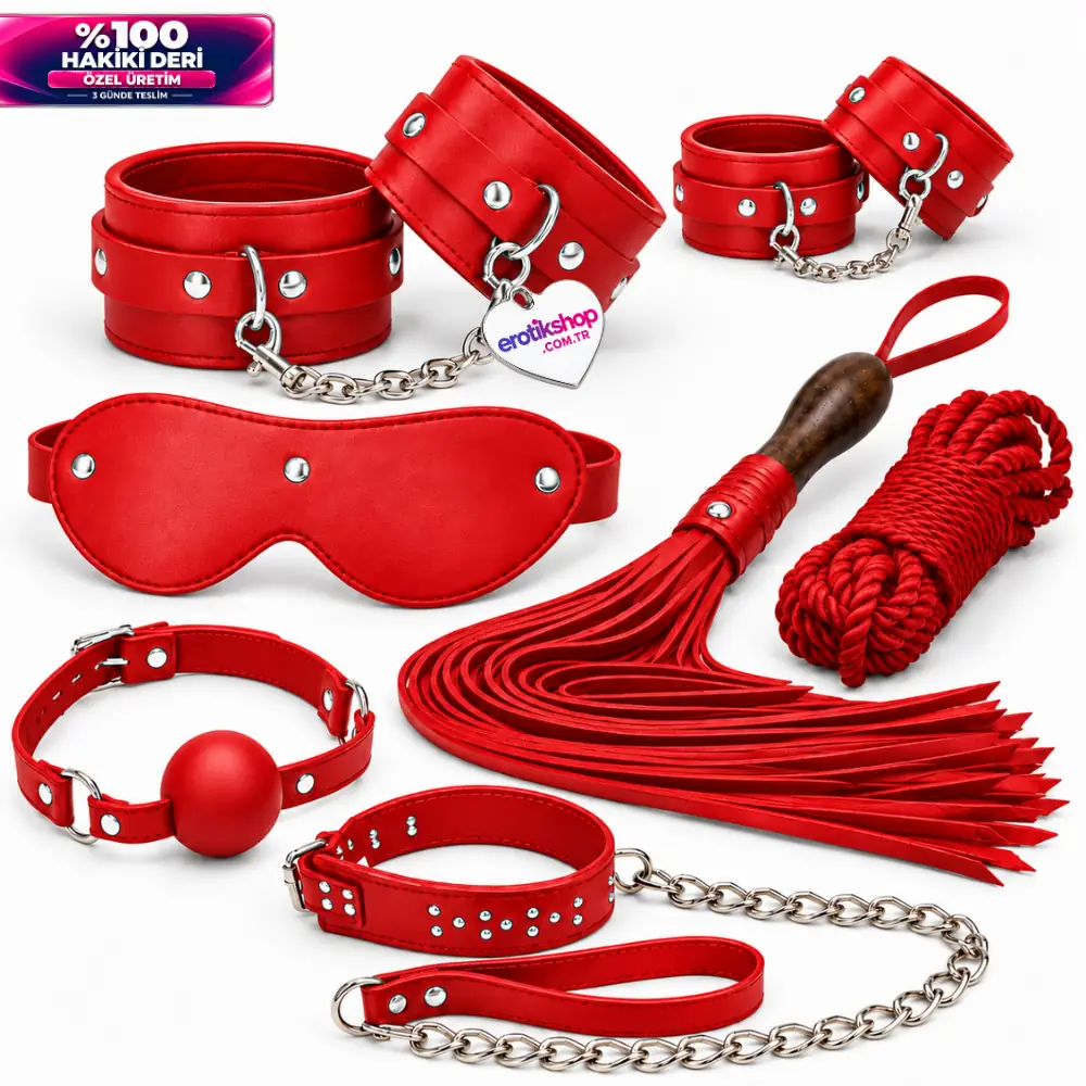 The Fetish Fantasy Series %100 Original Leather Gerçek Deri 7'li Fetiş BDSM Set - Kırmızı