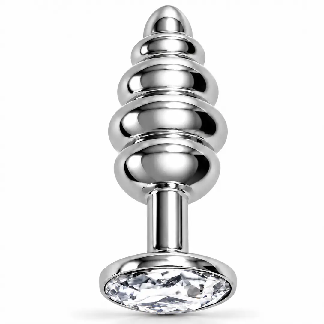 The Anal Play Silver Ribbed Beyaz Taşlı Boğumlu Metal Anal Plug-Small