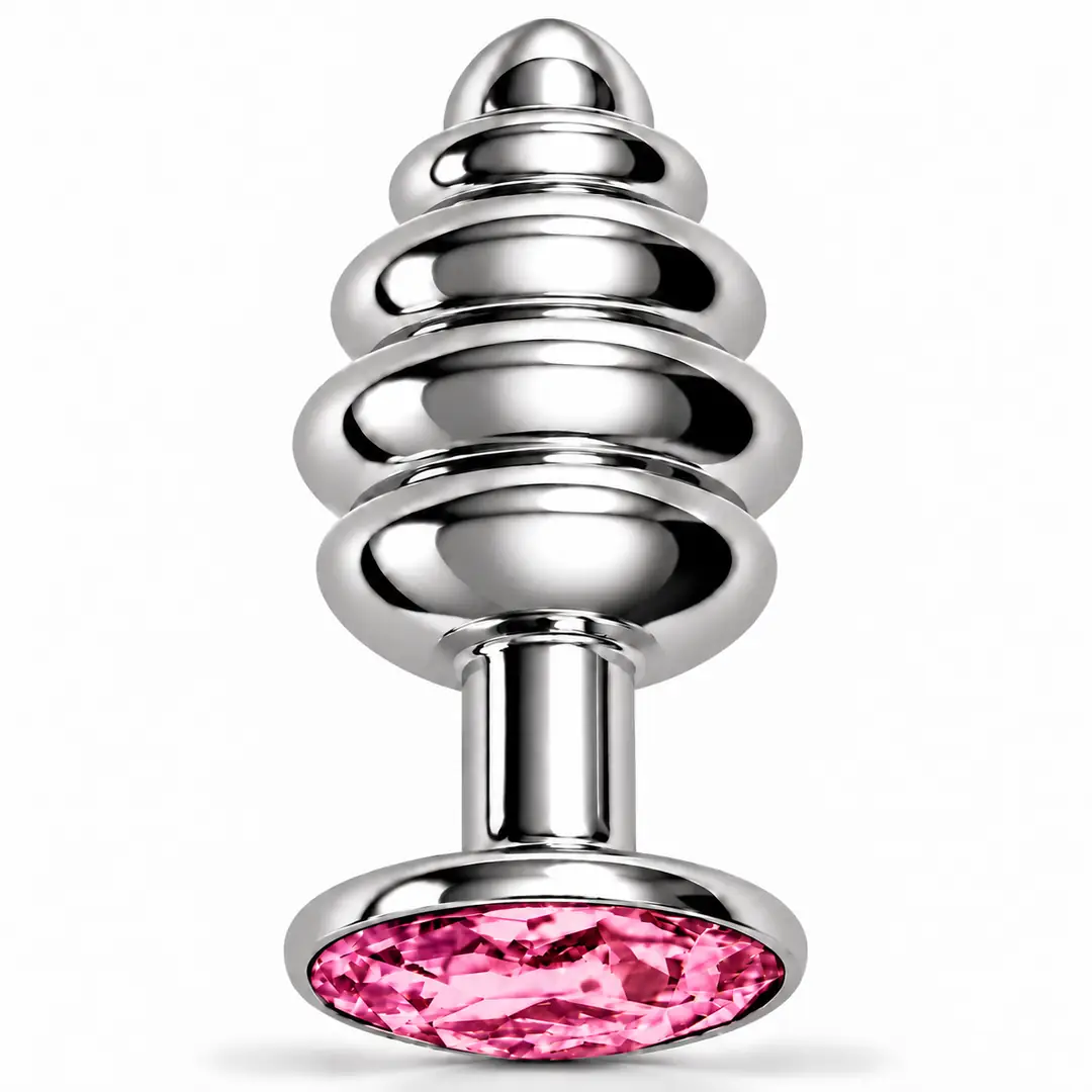 The Anal Play Silver Ribbed Pembe Taşlı Boğumlu Metal Anal Plug-Large