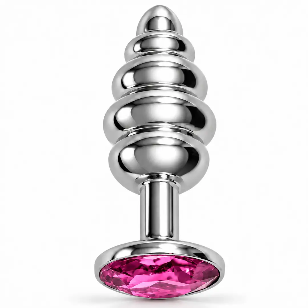 The Anal Play Silver Ribbed Pembe Taşlı Boğumlu Metal Anal Plug-Small