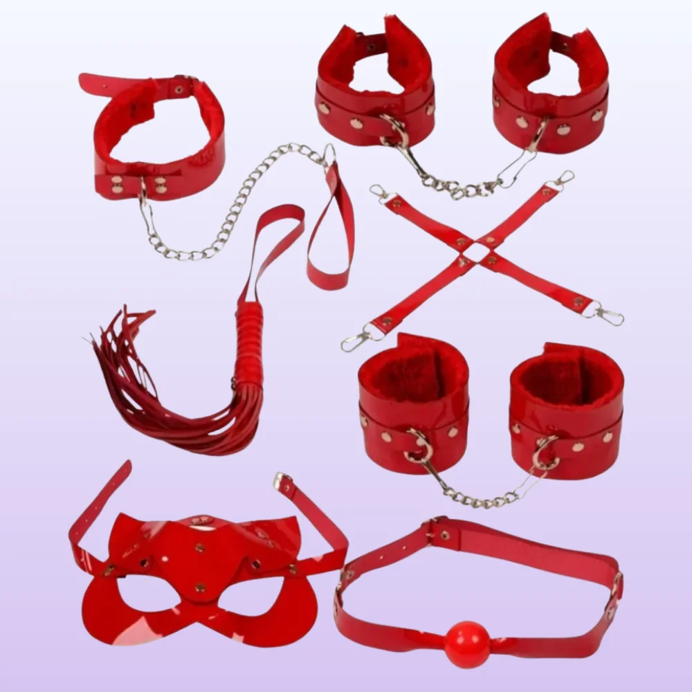 The Fetish 7 Pcs Policarbon Deri Fetiş Set-Kırmızı