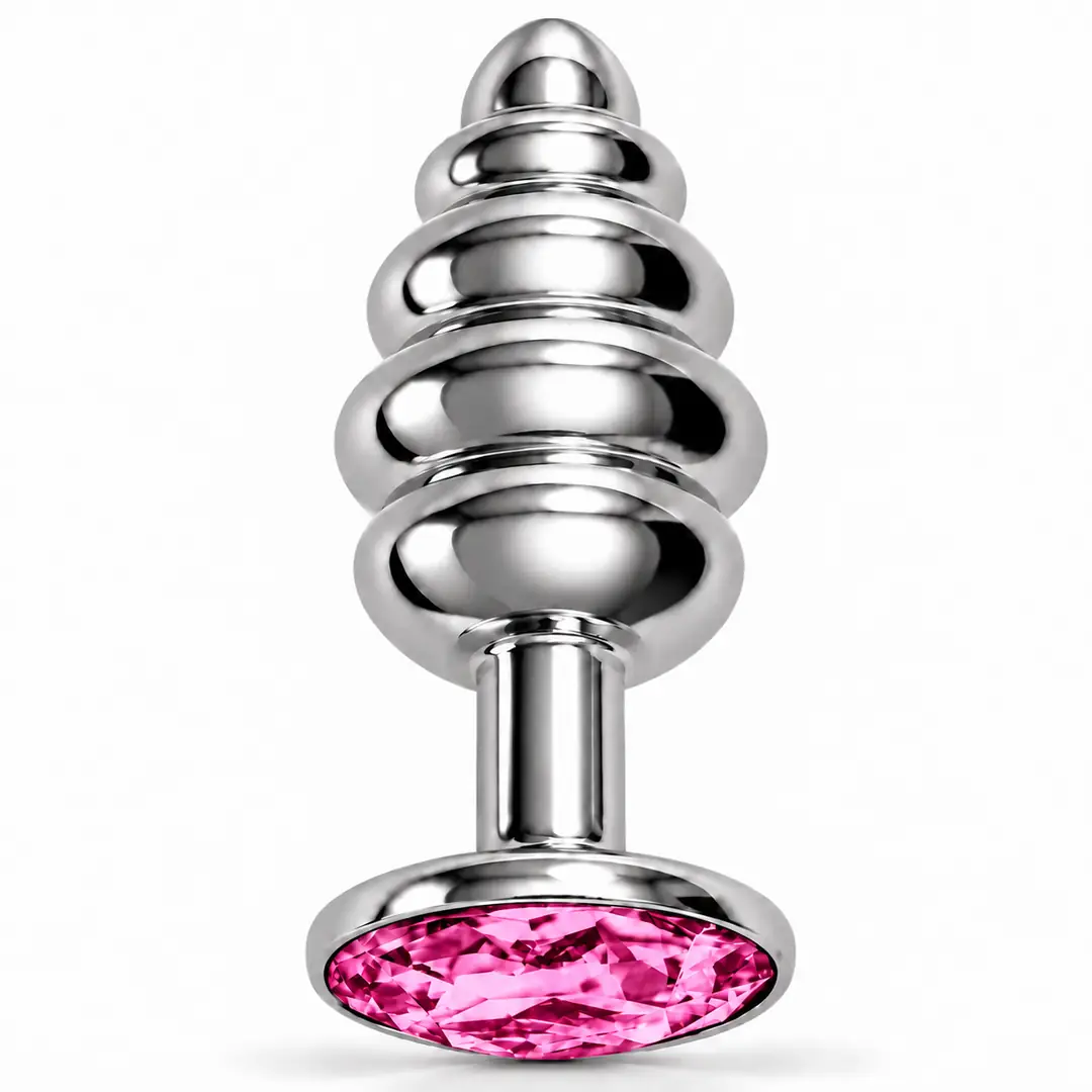 The Anal Play Silver Ribbed Pembe Taşlı Boğumlu Metal Anal Plug-Medium